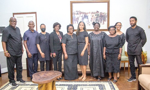 Nana Konadu Agyeman Rawlings (4th from left), leading her children to receive the delegation from late Valerie Sackey’s family including Nana Opoku Acheampong (2nd from left) and Anne Sackey (daughter)