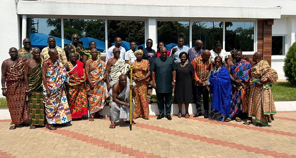 Former President John Mahama (arrowed) with the delegation of chiefs from the Tongu Traditional Area after the visit in Accra