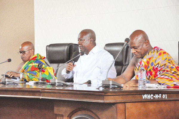 John Dramani Mahama (middle), flag bearer of NDC, flanked by Togbe Patamia Dzekley VII (left), Vice President of the Volta Region House of Chiefs, and Togbe Afede XIV, Agbogbomefia of Asogli