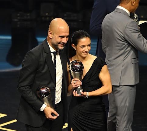FIFA Men's Coach of the Year Pep Guardiola, and FIFA Best Women's Award winner Aitana Bonmati at The Apollo Theatre on January 15, 2024 in London