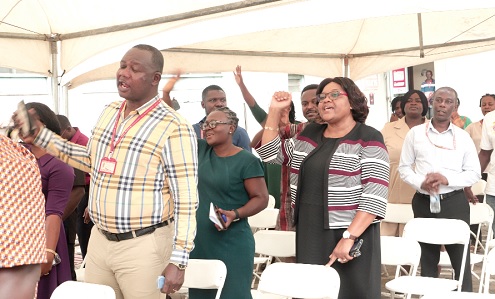 Some staff of the Graphic Communications Group Limited singing songs of praises at the ceremony. Picture: EDNA SALVO-KOTEY