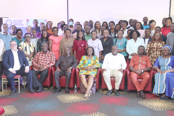 Dr Patrick Kuma-Aboagye (seated 3rd from left), Director-General, Ghana Health Service, with Michael Zormelo (seated 3rd from right), Chief Executive Officer of Omni Group of Companies; Prof William Ampofo (seated 2nd from left), CEO, National Vaccine Institute, and Dr Baffour Awuah (seated 2nd from right), Director of Technical Coordination at MoH