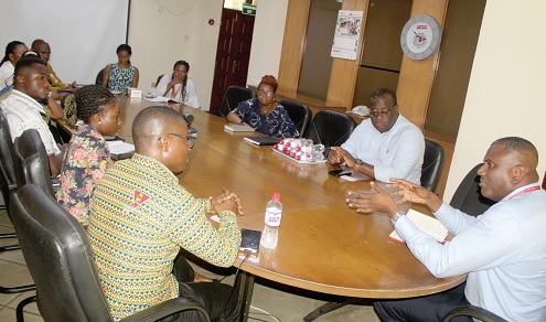 Franklin Sowah (right), Director, Marketing, GCGL, addressing Gideon T.Y Leckson-Leckey (left), Council Member- President of Planned Parenthood Association of Ghana and his delegation when they paid a visit to GCGL. Picture: ESTHER ADJORKOR ADJEI