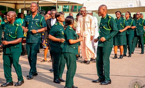Kwame Asuah Takyi (right), Comptroller-General of the Ghana Immigration Service, leading some management staff to dance during the thanksgiving serviceKwame Asuah Takyi (right), Comptroller-General of the Ghana Immigration Service, leading some management staff to dance during the thanksgiving service