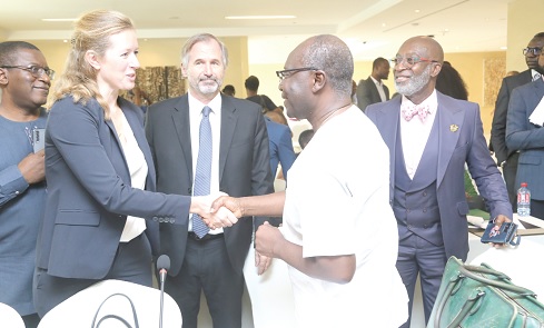 Ken Ofori Atta (2nd from right), Minister of Finance, in a handshake with Sivine Jansen (2nd from left), Deputy German Ambassador to Ghana, after the meeting in Accra. With them is Yofi Grant (right), CEO Ghana Investment Promotion Centre, and Kyle F. Kelhofer (middle), Senior Manager, International Finance Corporation. Picture: SAMUEL TEI ADANO