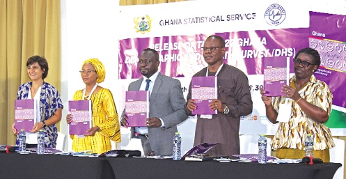 Prof. Samuel Kobina  Annim (middle), Government Statistician, launching the report together with Dr Partick Kuma-Aboagye (2nd from right), DG, GHS, Dr Zohra Balsara (left), Director, USAID Ghana Health Office, Sharmila Lareef (2nd from left), WHO representative, and Abena Asamoabea Osei-Akoto (right), Director, Survey Organisation &amp; Cencuses, GSS.  Picture: ERNEST KODZI