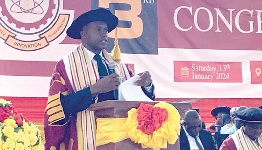 Professor Samson Abah Abagale (right), Vice-Chacellor, C.K. Tedam University of Technology and Applied Sciences,  Navrongo, speaking at the graduation ceremony