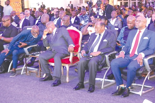 President Akufo-Addo (2nd from left) interacting with Gabby Okyere-Darko (left), Chairman, Africa Prosperity Network, at the summit at Peduase. With them are Wamkele Mane (right), Secretary General, AfCFTA, and Joaquim Chissano (2nd from right), former President of Mozambiqe. Picture: SAMUEL TEI ADANO