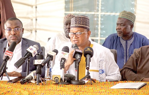 Alhaji Ben Abdallah Banda (middle), Chairman, Hajj Board, addressing the media in Accra. With him are Alhaji Forouk Hamza (left), Executive Secretary, Hajj Board, and some members of the board. Picture Caleb Vanderpuye