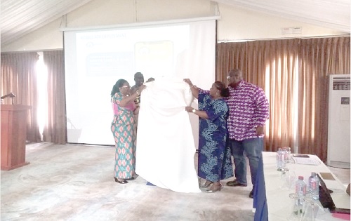 Joseph Ampofo (right), MD, Enterprise Trustees Ltd;  Perpetual Ofori-Ampofo, (2nd from right), Secretary of the HSOPS Board of Trustees; Nana Ansa Prem IV (2nd from left), Akwamu Kronti Adontenhene, and Akosombohene, and Rebecca Bantey (left), Asuogyaman District Health Director, jointly unveiling the HSOPS Mobile App interface design. Picture: BENJAMIN XORNAM GLOVER
