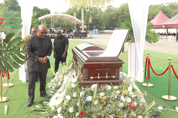 John Dramani Mahama (left), former President, paying his last respects to the late Osahene Major Kojo Boakye Djan (Rtd.) during the burial service at the forecourt of the State House in Accra. Picture: ELVIS NII NOI DOWUONA