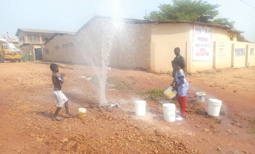 It was a field day for these children as they bathed and fetched water gushing out of a burst pipeline at the Phoenix International School at Agape Container, Ablekuma