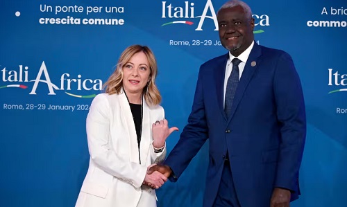 Giorgia Meloni with Moussa Faki during the Italy-Africa Summit in Rome. Photograph: Riccardo Antimiani/EPA