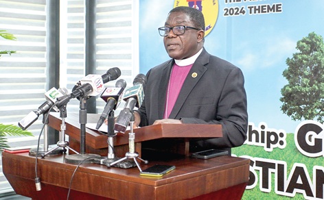 Most Rev. Dr Paul Kwabena Boafo — Presiding Bishop, Methodist Church Ghana addressing the media Picture: CALEB VANDERPUYE