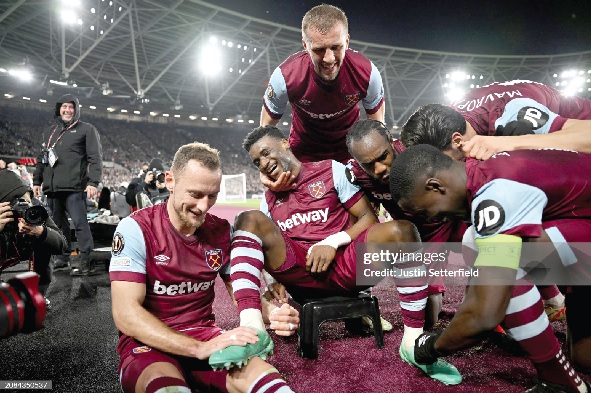 Mohammed Kudus revelling in one of his goals for West Ham United in his iconic take-a-seat celebration
