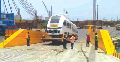 One of the coaches being offloaded from a ship at the Tema Port
