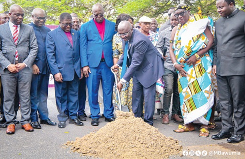 Vice-President Dr Mahamudu Bawumia cutting  the sod for the construction of a four-storey, 200-bed hostel for the Trinity Theological Seminary in Accra