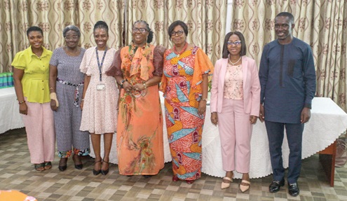 Matilda Amissah-Arthur (2nd from left), former Second Lady; Elsie Effah Kaufmann (3rd from left), Dean of the School of Engineering Sciences, Legon; Dr Nana Yaa Prempeh (middle), head of the Authority Bible Church; Dorothy Awurama Saah (3rd from right), CEO of Dotty’s Learning pages; Prof. Marian D. Quain (2nd from right), Chief Research Scientist, and Rev. Ibrahim Baidoo, Pastor, Legon Interdenominational Church, after the book launch. Picture: CALEB VANDERPUYE