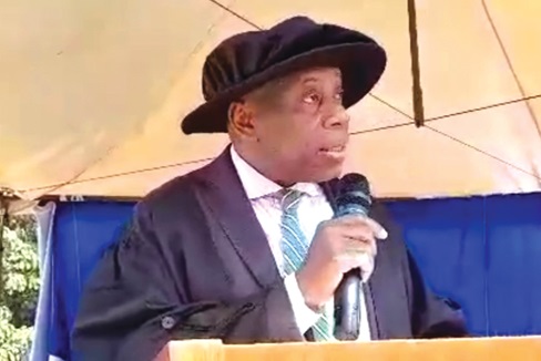 Professor John Ofosu-Anim (inset), Vice-Chancellor, PUG, taking the matriculants through the swearing of the matriculation oath