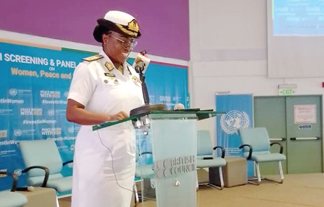 Commodore Faustina Boakyewaa Anokye (left) addressing participants in the United Nations Information Centre in Accra