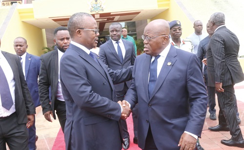 President Akufo-Addo (2nd right) in a handshake with President Umaro Sissoco Embalo of Guinea Bissau after bilateral talks at the Jubilee House.  Picture: SAMUEL TEI ADANO