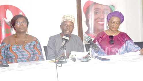 Alhaji Mohammed Frimpong (middle), NDP Secretary-General, addressing the  press conference. With him are Betty Akuffo-Amoabeng (right),  Chair Lady, and Peace Aryee, National Women’s Leader 