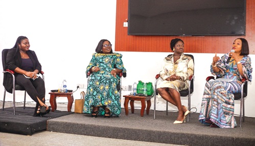 Dorsina Dwamena-Aboagye (left), Maame Tiwaa Addo-Danquah (2nd from left), Executive Director of the Economic and Organised Crime Office; Kosi Yankey-Ayeh, CEO of Ghana Enterprises Agency, and Jean Mensa (right), Chairperson of the EC, at the Ark Foundation 25th anniversary public lecture at UPSA, Accra. Picture: CALEB VANDERPUYE