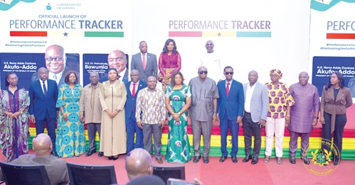 Kojo Oppong Nkrumah (2nd from left), Minister of Works and Housing, and Fati Abubakar (5th from left), Minister of Information designate, with some of the ministers whose ministries have featured in the performance tracker