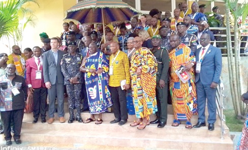 Otumfuo Osei Tutu II, the Asantehene, some dignitaries and some of the Rotarians at the conference, after the opening of the two-day conference in Kumasi