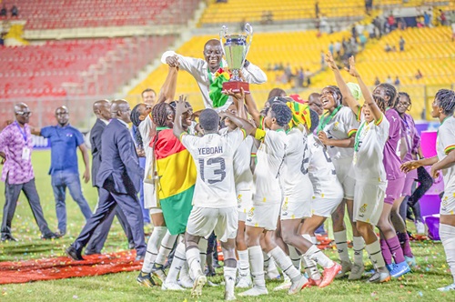  Basigi is treated to a kingly ride by the players of the Black Princesses after winning the WAFU Zone B Under-20 women’s football tournament in Kumasi in 2023