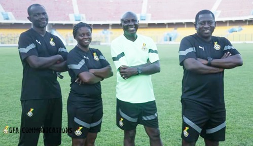 Football is all about team work. The team who has helped Coach Basigi to succeed. From left : Raymond Fenny (Goalkeepers coach),   Anita Wiredu Mintah (Assistant coach), Coach Basigi and Joe Nana Adarkwah (Assistant Coach)