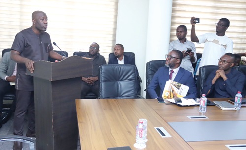 Kojo Oppong Nkrumah (left), Minister of Works and Housing, speaking during the meeting. Picture: ELVIS NII NOI DOWUONA