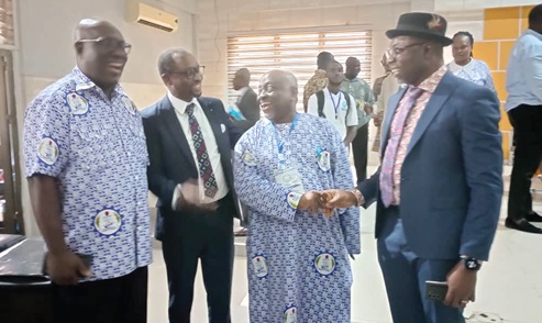 Mark Denkyira Korankye (2nd from right), interacting with Dr Christian Addai-Poku (right), Registrar, National Teaching Council. With them are Dr Yaw Baah (left), Secretary-General, TUC, and Stephen Owusu (2nd from left), a Deputy Director-General of the Ghana Education Service
