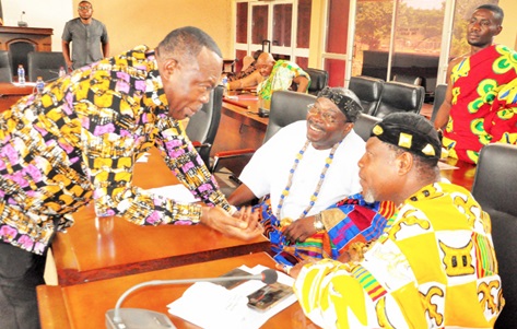 Stephen Asamoah Boateng, Minister of Chieftaincy and Religious Affairs, in a hearty interaction with Togbi Dzokoto Tenge Glikui VII (right), Paramount Chief of Amugo-Vego, and Togbi Nyaho Tamakloe IV, Miafiaga of Anlo