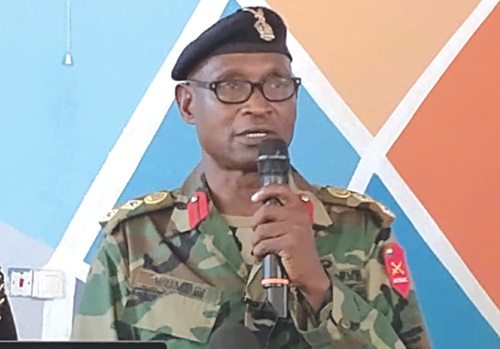 Colonel Dr Mohammed Wumbei (inset), Command Logistic and Gender Adviser at the Accra Army Training Command, speaking during the engagement in Sunyani