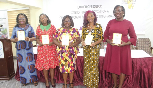 Hilary Gbedemah (2nd from right), member of the Commission on the Elimination of all Forms of Discrimination against Women (CEDAW); Rose Mensah-Kutin (left), Executive Director,  ABANTU, Rebecca Colecraft (3rd from right), Assistant Director,  National Commission for Civic Education, and other dignitaries launching the project. Picture: EDNA  SALVO-KOTEY 