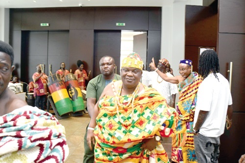 Nii Ayi-Bonte II (left), Paramount Chief of Gbese, and his elders leaving the conference after the programme in Accra