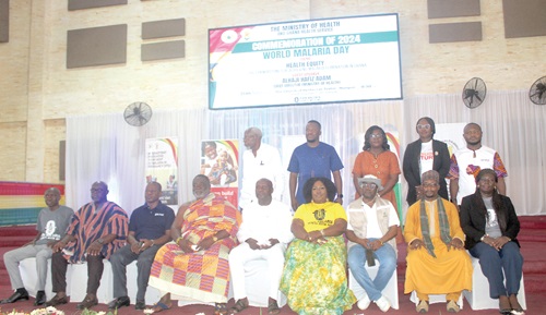 Dr Patrick Kuma-Aboagye (3rd from left), Director-General, GHS; Nii Laryea Afotey-Agbo (4th from left), Former Greater Accra Regional Minister; Alhaji Hafiz Adam (2nd from right), Chief Director, Ministry of Health; Oheneyere Gifty Anti (4th from right), National Malaria Champion; Dr Franklin Asiedu-Bekoe (left), Director, Public Health, GHS, and Dr Sefa Sarpong Bediako (2nd from left), Chairman, Governing Council, GHS, with other dignitaries . Picture: ESTHER ADJORKOR ADJEI
