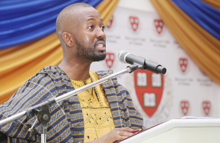 Dr Sangu Delle, President, Harvard Club of Ghana, addressing guests at a conversation on free speech in Accra.  Picture: SAMUEL TEI ADANO
