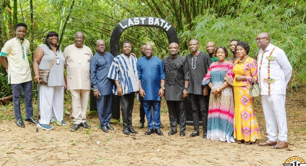 Andrew Egyapa Mercer (middle), the Minister of Tourism; Rev. John Ntim Fordjour (5th from left), MP, Assin South; Kwasi Agyeman (4th from left), and other dignitaries at the slave river site where slaves had their last bath