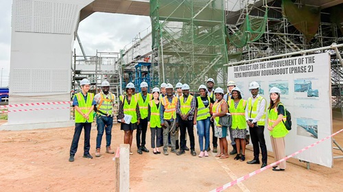 A delegation from the Japanese Embassy and journalists at the site with the supervisory team of the Project for Improvement of the Tema Motorway Roundabout (Phase 2)