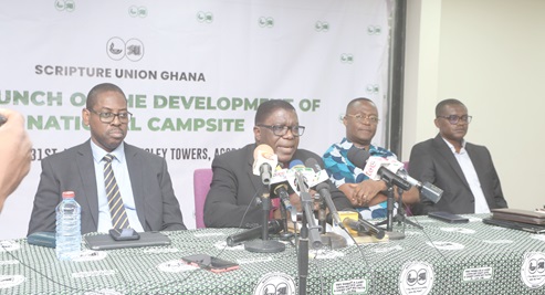 Most Rev. Dr Paul Kwabena Boafo (2nd from left), Presiding Bishop, Methodist Church Ghana, launching the media campaign for the campsite project. With him are Rev. Dr Daniel Ogbarmey Tetteh (left), National Finance and Fund Mobilisation Committee; Morgan Asiedu (2nd from right), Council Chairman, Scripture Union, and Rev. Derek Koomson (right), General Director, Scripture Union