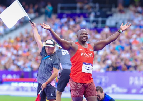 Julius Yego celebrates during the javelin qualifiers in Paris