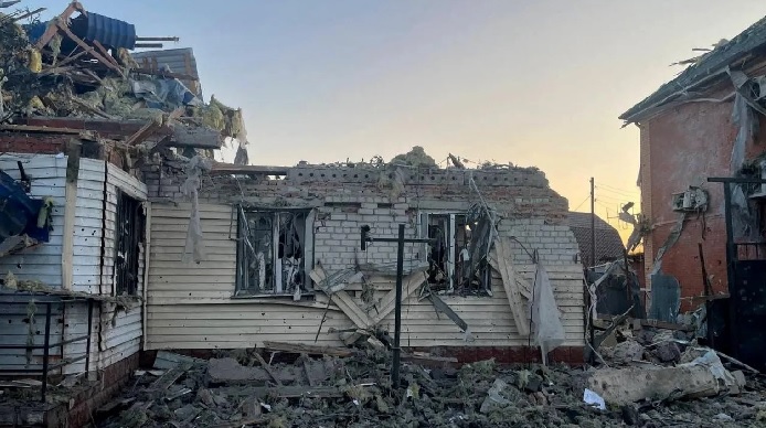 A damaged house following what Russian authorities called a Ukrainian military strike on the town of Sudzha