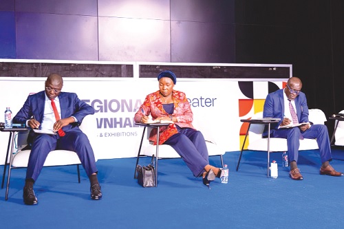  Various assemblies in the Greater Accra Region showcasing their projects. INSET: Dr Mohammed Amin Adam (left), Minister of Finance, Fatimatu Abubakar, Minister of Information, and Daniel Titus Glover, Greater Accra Regional Minister, during the discussions at the launch