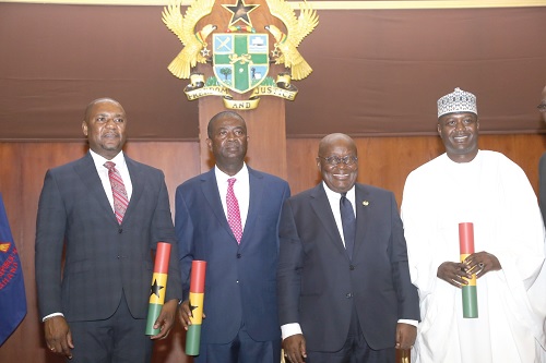 President Akufo-Addo (2nd from right), Alhaji Aliu Fawaz (right), Ambassador at Large; Peprah Ampratwum (left), Chief of Protocol and Ambassador In-situ, and Major-General Charles Kojo Abede Asomaning Awity (2nd from left), Ambassador to Serbia. Picture: SAMUEL TEI ADANO