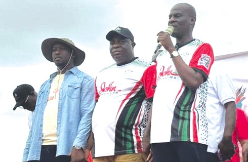 Haruna Iddrisu (right) with Abdul Nasir Saani, UWR Regional Chairman of NDC, and Malik Basintale, Deputy National Communication Officer of the NDC 