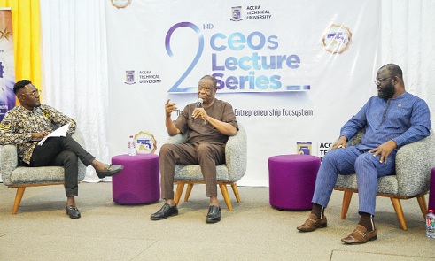  Dr Francis Boateng Agyenim (right), Director of CSIR-Institute of Industrial Research, and Dr Prince Kofi Kludjeson (middle), Executive Chairman of Celltel Networks Ltd, at the 2nd ATU CEOs Lecture Series event held at the British Council Hall in Accra