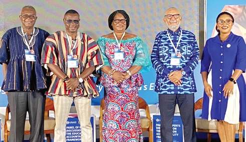 Charles Aheto-Tsegah (left), a former acting Director- General of the Ghana Education Service; Prof. Enoch Opoku Antwi (2nd from left), Dean, Academic City University College; Philippa Larsen (2nd from right), former President, Ghana National Association of Teachers, and Anis Haffer, Chairman of the National Teaching Council, during the Panel of Experts Discussion on Education Accountability Framework