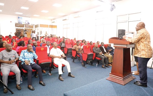 Joseph Cudjoe (right), Minister of Public Enterprises, speaking at the  press conference. Picture: EDNA SALVO-KOTEY